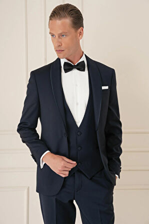 Black 078 Slim Fit Çıkma Saten Yaka Cerutti Kumaş Yelekli Lacivert Damatlık Smokin Takım