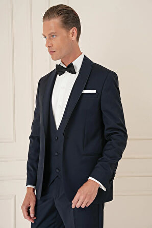 Black 078 Slim Fit Çıkma Saten Yaka Cerutti Kumaş Yelekli Lacivert Damatlık Smokin Takım
