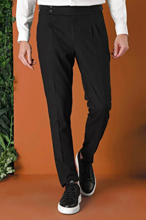 P 1153 Comfort Fit Çift Pile Yandan Tokalı Yüksek Bel Casuel Siyah Pantolon