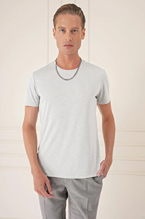 Ts 881 Slim Fit Bisiklet Yaka Doku Desenli Pamuklu Açık Gri Tişört
