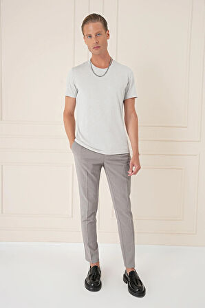 Ts 881 Slim Fit Bisiklet Yaka Doku Desenli Pamuklu Açık Gri Tişört