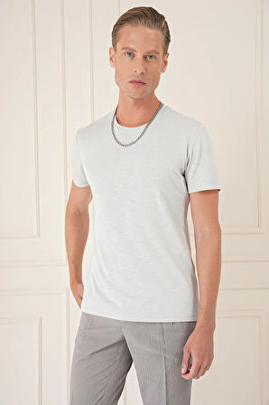 Ts 881 Slim Fit Bisiklet Yaka Doku Desenli Pamuklu Açık Gri Tişört
