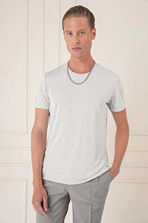 Ts 881 Slim Fit Bisiklet Yaka Doku Desenli Pamuklu Açık Gri Tişört