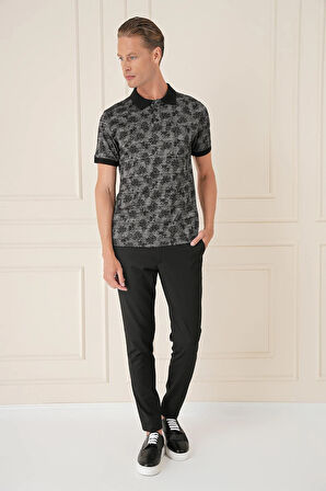 Ts 884 Slim Fit Dal Yaprak Desen Polo Yaka Pamuklu Siyah Tişört