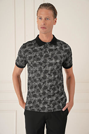 Ts 884 Slim Fit Dal Yaprak Desen Polo Yaka Pamuklu Siyah Tişört