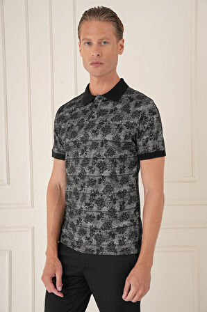 Ts 884 Slim Fit Dal Yaprak Desen Polo Yaka Pamuklu Siyah Tişört