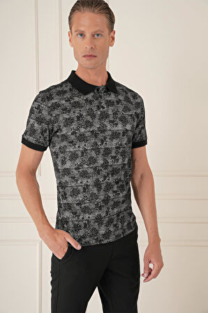 Ts 884 Slim Fit Dal Yaprak Desen Polo Yaka Pamuklu Siyah Tişört