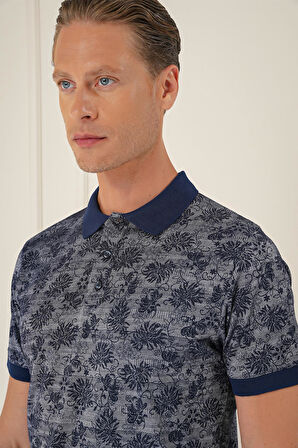 Ts 884 Slim Fit Dal Yaprak Desen Polo Yaka Pamuklu Lacivert Tişört