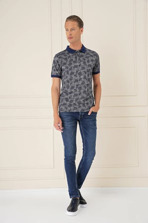 Ts 884 Slim Fit Dal Yaprak Desen Polo Yaka Pamuklu Lacivert Tişört