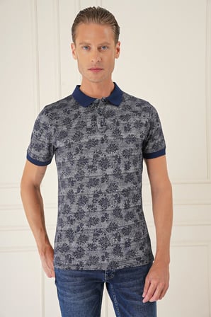 Ts 884 Slim Fit Dal Yaprak Desen Polo Yaka Pamuklu Lacivert Tişört