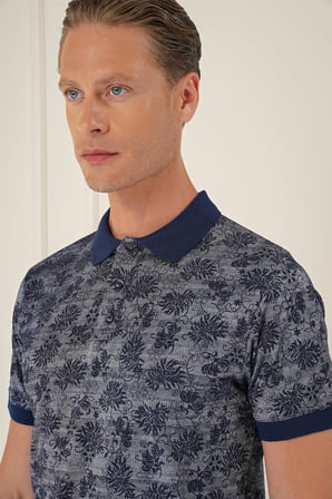 Ts 884 Slim Fit Dal Yaprak Desen Polo Yaka Pamuklu Lacivert Tişört