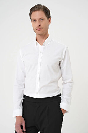 Gk 726 Slim Fit Düğmeli Yaka Dokulu %100 Pamuk Klasik Beyaz 2 Gömlek