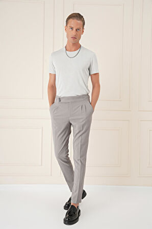 P 1160 Yandan Tokalı Çift Pileli Esnek Pamuk Gri Pantolon