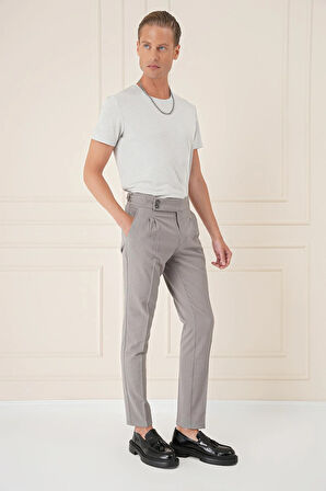 P 1160 Yandan Tokalı Çift Pileli Esnek Pamuk Gri Pantolon