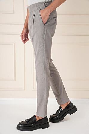 P 1160 Yandan Tokalı Çift Pileli Esnek Pamuk Gri Pantolon