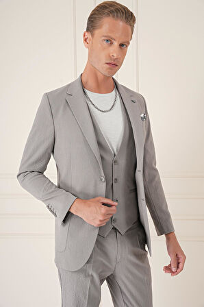 C 678 Comfort Fit Gofre Kumaş Pamuk Yelekli Casuel Gri Ceket