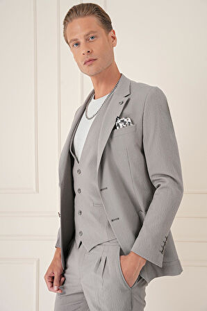 C 678 Comfort Fit Gofre Kumaş Pamuk Yelekli Casuel Gri Ceket