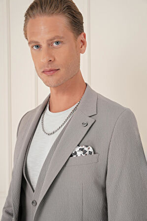 C 678 Comfort Fit Gofre Kumaş Pamuk Yelekli Casuel Gri Ceket