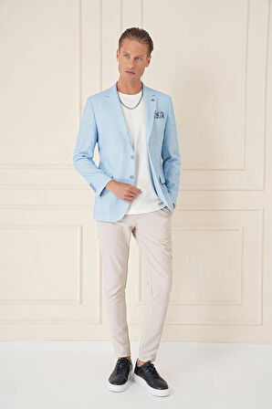 C 677 Comfort Fit Çift Yırtmaç Kırçıllı Keten Casuel Mavi Ceket