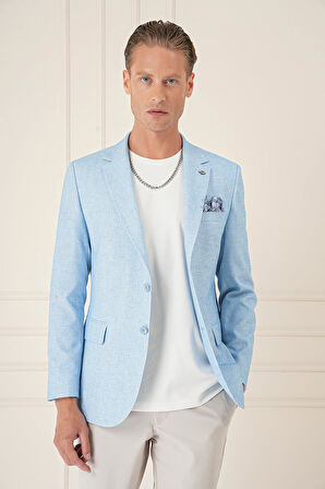 C 677 Comfort Fit Çift Yırtmaç Kırçıllı Keten Casuel Mavi Ceket