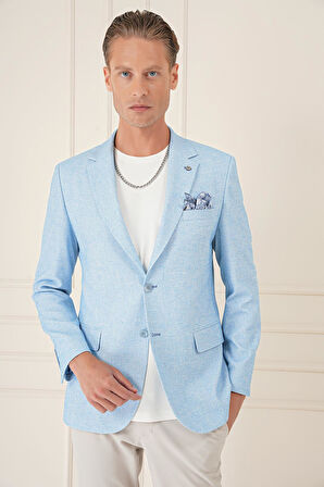 C 677 Comfort Fit Çift Yırtmaç Kırçıllı Keten Casuel Mavi Ceket