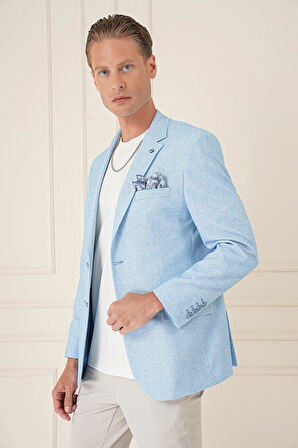 C 677 Comfort Fit Çift Yırtmaç Kırçıllı Keten Casuel Mavi Ceket