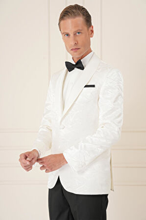 Black 036 Slim Fit Saten Yaka Çift Yırtmaçlı Tek Düğmeli Krem Damatlık Smokin Ceket