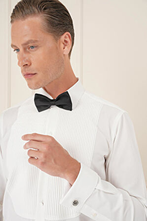 Gk 732 Slim Fit Duble Manşet Klasik Yaka Piliseli Beyaz Damatlık Smokin Gömlek 