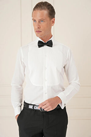 Gk 732 Slim Fit Duble Manşet Klasik Yaka Piliseli Beyaz Damatlık Smokin Gömlek 