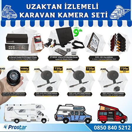 Uzaktan İzlemeli Karavan Kamera Seti 4 Kameralı 500 Gb Harddisk Dahil Kayıtlı 9 Inç Hdmi Ekranlı 