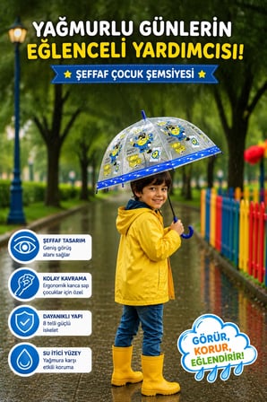 Şeffaf Çocuk Şemsiyesi Ergonomik Kancalı Saplı Su İtici Yüzeyli Dayanıklı Çocuk Şemsiyesi
