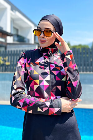 Yarım Fermuarlı Likralı Tam Kapalı Mayo R4501 Pembe Geometri | L