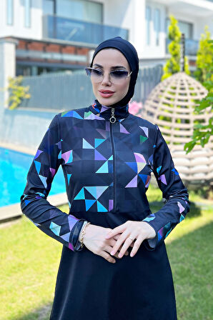 Yarım Fermuarlı Likralı Tam Kapalı Mayo R4502 Mavi Geometri | XL