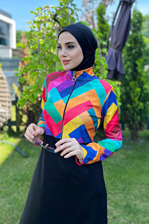 Yarım Fermuarlı Likralı Tam Kapalı Mayo R4503 Tetris | XXL