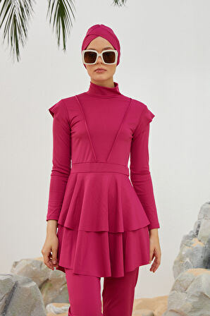 Likralı Tam Kapalı Tesettür Mayo Deniz Mayosu Fırfır Detaylı T223-46 Fuşya | 44