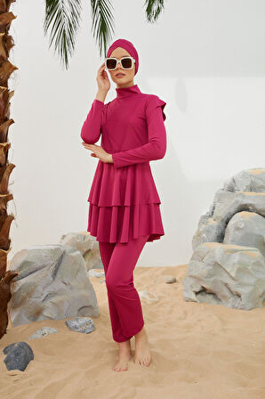 Likralı Tam Kapalı Tesettür Mayo Deniz Mayosu Fırfır Detaylı T223-46 Fuşya | 44