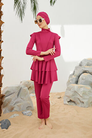 Likralı Tam Kapalı Tesettür Mayo Deniz Mayosu Fırfır Detaylı T223-46 Fuşya | 44