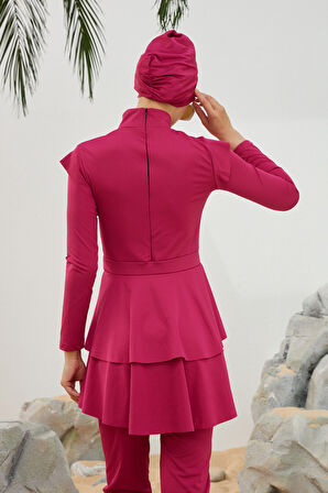 Likralı Tam Kapalı Tesettür Mayo Deniz Mayosu Fırfır Detaylı T223-46 Fuşya | 44