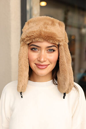 Çıtçıtlı Kürklü Kulaklıklı Peluş Bere Şapka RKŞ-03 Camel | Standart