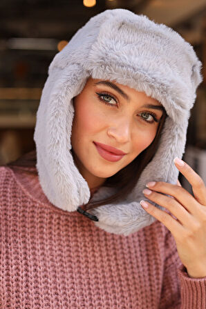 Çıtçıtlı Kürklü Kulaklıklı Peluş Bere Şapka RKŞ-03 Gri | Standart