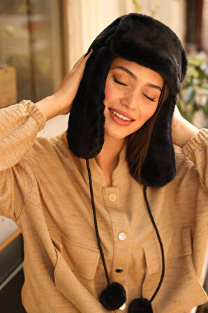 Kadın Kürklü Kulaklıklı Peluş Şapka RKŞ-04 Siyah | Standart