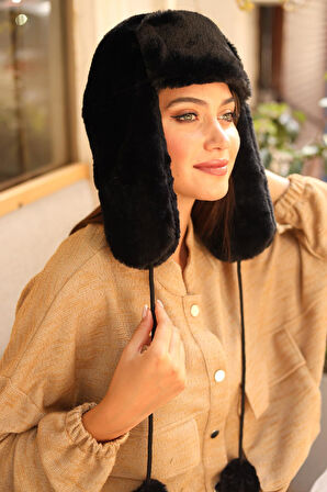 Kadın Kürklü Kulaklıklı Peluş Şapka RKŞ-04 Siyah | Standart