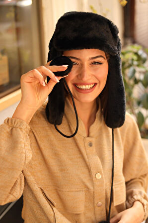 Kadın Kürklü Kulaklıklı Peluş Şapka RKŞ-04 Siyah | Standart