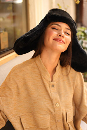 Kadın Kürklü Kulaklıklı Peluş Şapka RKŞ-04 Siyah | Standart