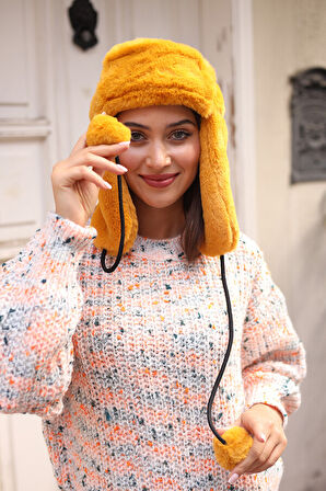 Kadın Kürklü Kulaklıklı Peluş Şapka RKŞ-04 Hardal | Standart