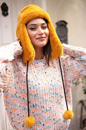 Kadın Kürklü Kulaklıklı Peluş Şapka RKŞ-04 Hardal | Standart