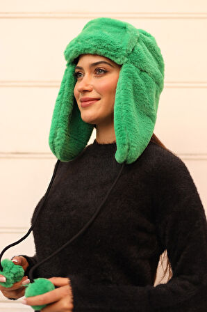 Kadın Kürklü Kulaklıklı Peluş Şapka RKŞ-04 Yeşil | Standart