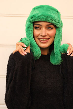 Kadın Kürklü Kulaklıklı Peluş Şapka RKŞ-04 Yeşil | Standart