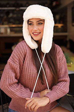 Kadın Kürklü Kulaklıklı Peluş Şapka RKŞ-04 Ekru | Standart