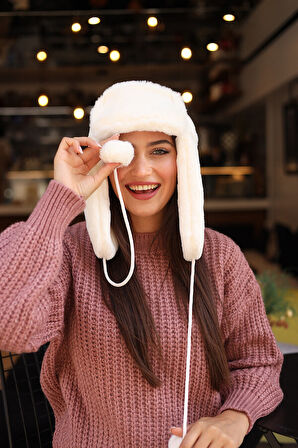 Kadın Kürklü Kulaklıklı Peluş Şapka RKŞ-04 Ekru | Standart